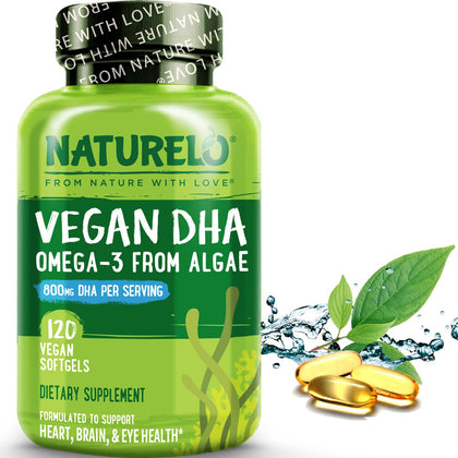 NATURELO Vegan DHA - Omega 3 Oil from Algae - Supplement for Brain, Heart, Joint, Eye Health - Provides Essential Fatty Acids for Women Men and Kids - Complements Prenatal Vitamins - 120 Softgels