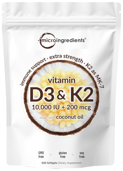 Vitamin D3 10000 iu Plus K2 (MK-7) 200 mcg, 300 Virgin Coconut Oil Softgels| 2 in 1 Vitamins D & K Complex | Supports Calcium Absorption, Bone, Immune, & Heart Health - Easy to Swallow