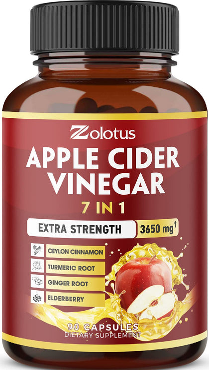 Zolotus 7 in 1 Apple Cider Vinegar Capsules, Equivalent to 3650mg, 3 Month Supply with Ceylon Cinnamon, Ginger Root, Turmeric, Elderberry, Best Supplement for Digestion, Immune