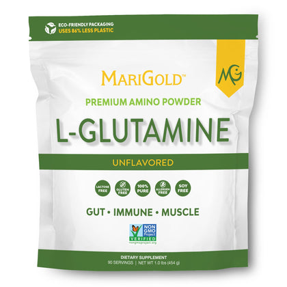 MariGold Pure Unflavored L-Glutamine Powder - Healthy Gut, Immune, and Muscle Support, Non-GMO, Gluten Free, Soy & Allergen Free (5g / 5000mg per Serving)