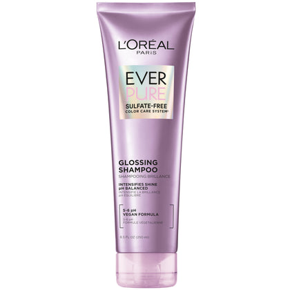 L'Oreal Paris Sulfate Free Glossing Shampoo, Intensifies Hair Shine & Smoothness, pH Balanced & Argan Oil Infused Vegan Hair Care, EverPure, 8.5 Fl Oz