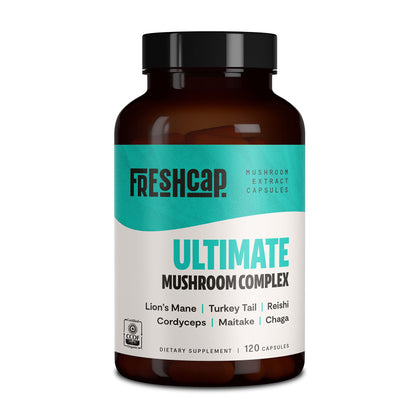 FreshCap Ultimate Mushroom Complex - Lions Mane, Reishi, Cordyceps, Chaga, Turkey Tail, Maitake - Immune Support & Nootropic Brain Supplements for Immunity, Energy, Memory & Focus (120 Capsules)