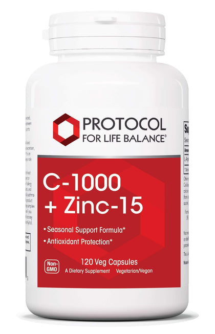 Protocol C-1000 + Zinc-15 - Vitamin C & Zinc Bisglycinate - Immune Support Supplement* - Antioxidants Supplement* - with Ascorbic Acid - 120 Veg Capsules