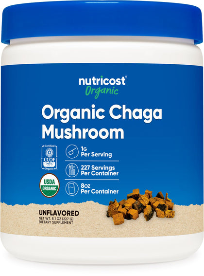 Nutricost 100% Organic Chaga Mushroom Powder 8oz (227 Servings) - Certified USDA Organic, Gluten Free & Non-GMO