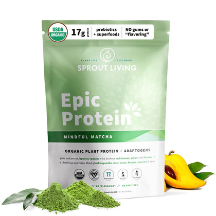 Sprout Living Epic Protein, Plant Based Protein & Superfoods Powder, Mindful Matcha | 17 Grams Organic Protein Powder, Vegan, Non-GMO, Gluten Free, Adaptogens + Nootropics (1 Pound, 12 Servings)