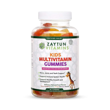 Zaytun Halal Vitamins for Kids Multivitamin Gummies, Naturally Sourced Vitamin A, C, D, E, B6, B12, Biotin - Vegetarian, No Gelatin, No Gluten, No Dairy, Non-GMO, 90 Fruit Flavored Gummies Made in USA