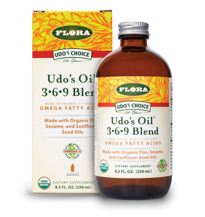 Flora - Udo's Choice Omega 369 Oil Blend, Made with Organic Flax, Sesame & Sunflower Seed Oils, Plant-Based Vegan Omega Fatty Acids, Based on Ideal 2:1:1 Ratio, 8.5-fl. oz. Glass Bottle