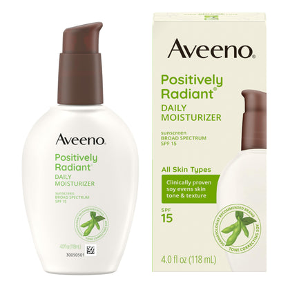 Aveeno Positively Radiant Daily Facial Moisturizer with Broad Spectrum SPF 15 Sunscreen & Soy, Improves the Look of Skin Tone & Texture, Hypoallergenic, Oil-Free, Non-Comedogenic, 4 fl. oz