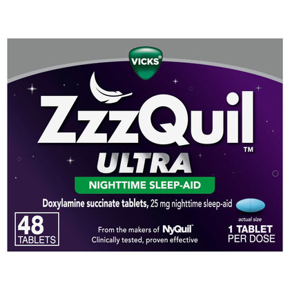 ZzzQuil ULTRA, Sleep Aid, Nighttime Sleep Aid, 25 mg Doxylamine Succinate, From Makers of Nyquil, Non- Habit Forming, Fall Asleep Fast, Stay Asleep Longer, 48 Count