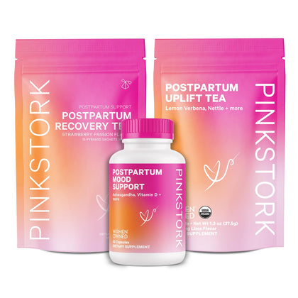 Pink Stork Postpartum Essentials for Hormone Balance, Recovery, and Mood Support for Women - Postnatal Vitamins with Ashwagandha, Raspberry Leaf Tea, and Chamomile Tea - Gifts for New Mom - Set of 3