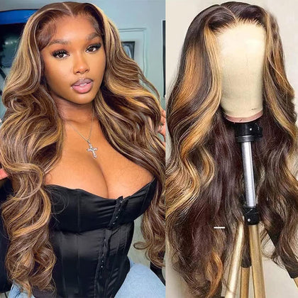 Highlight Ombre Lace Front Wig Human Hair 13x4 Transparent HD 4/27 Honey Blonde lace Frontal Wigs Pre Plucked for Women 180% Density Colored Body Wave Lace Front Human Hair Wig Piano Color 28 Inch