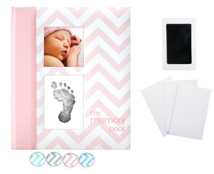 Pearhead Baby Memory Book, First 5 Years Baby Milestone Book, Pregnancy Journal, Newborn Baby Girl Keepsake, With Clean-Touch Ink Pad For Baby's Handprint or Footprint, Pink Chevron