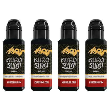 Kuro Sumi - Greywash Shading Tattoo Kit, Includes 4 Tattoo Ink Shades - Professional Tattoo Ink for Shading - Skin-Safe Permanent Tattooing - Vegan (1.5 oz Each)