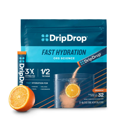 DripDrop Hydration - Orange - Electrolyte Drink Mix Single Serve Hydration Powder Packets | Non-GMO, Gluten Free, Vegan | 32 Sticks