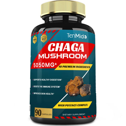 Chaga Mushroom Extract Capsules equivalent to 5050mg & Lions Mane, Cordyceps and More | Digestive Health, Anti-Aging, Immune Support | Energy Boost, Rich in Antioxidants & Nutrients, 3 Months Supply