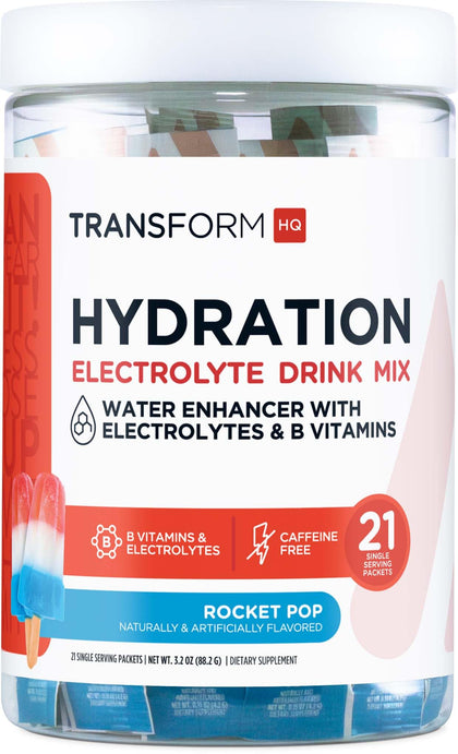 TransformHQ Hydration Drink Mix (21 Single-Serving Packets, Rocket Pop) - Hydration Supplement Blend with Vitamins and Electrolytes