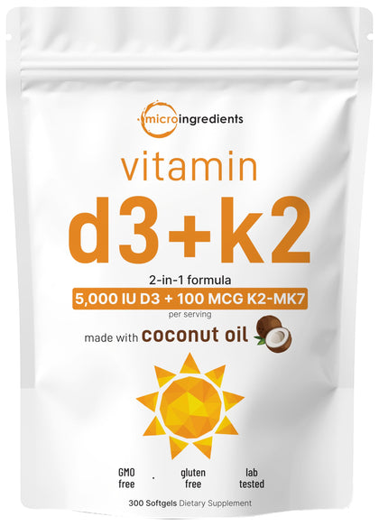 Micro Ingredients Vitamin D3 5000 IU Plus K2 (MK-7) 100 mcg, 300 Virgin Coconut Oil Softgels | 2 in 1 Vitamins D & K Complex | Supports Calcium Absorption, Bone, Immune, & Heart Health