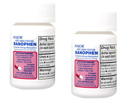 Major Banophen Diphenhydramine Capsules, 25mg, 100ct (2 Pack)