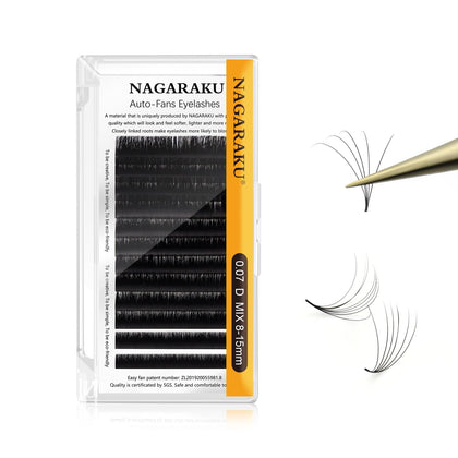 NAGARAKU Easy Fan Eyelash Extensions Volume Lash 0.07 D curl 8-15mm Mix Tray Rapid Blooming Faux Mink Cluster For Beginners Soft Professional Lash Supplies