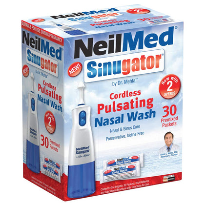 NeilMed Sinugator Cordless Pulsating Nasal Wash Kit with One Irrigator, 30 Premixed Packets and 3 AA Batteries(Pack of 1)