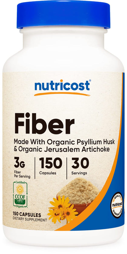 Nutricost Fiber Capsules with Prebiotic Fiber Supplement 150 Capsules - CCOF Certified Supplement, Made with Organic Psyllium Husk & Organic Jerusalem Artichoke, Gluten Free, 3 G Per Serving