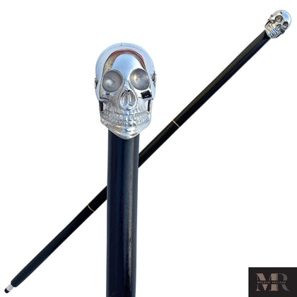 Medieval Replicas Walking Stick in Wood - Skull Nickel Plated Silver-Tone Brass Handle - Wooden Decorative Walking Cane Best Gifts for Men & Women