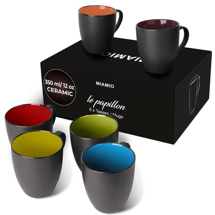 MIAMIO - Set of 6 Stoneware Coffee Mugs 12 Ounce/Cup Set - Le Papillon Collection (Black-Colourful)