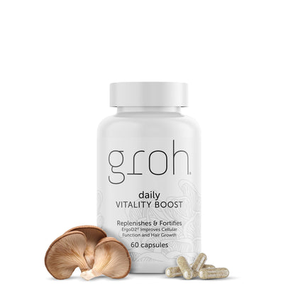 Groh Daily Vitality Boost - All Natural Hair Growth Supplement powered by ErgoD2 - Rich in Antioxidants - Vitamins for Stronger Hair, Skin & Nails- Best Choice for Thinning Hair - 60 Count