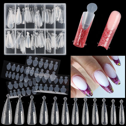 120Pcs Dual Nail Forms Set Full Cover Nail Extension Tips Coffin Almond False Nail Tips Acrylic Nail System Dual Forms With Silicone French Forma Stickers French Guides Nail Tools