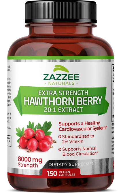 Zazzee Extra Strength Hawthorn Berry 20:1 Extract, 8000 mg Strength, 2% Vitexin, 150 Vegan Capsules, 5 Month Supply, Concentrated and Standardized Potent 20X Extract, Non-GMO and All-Natural