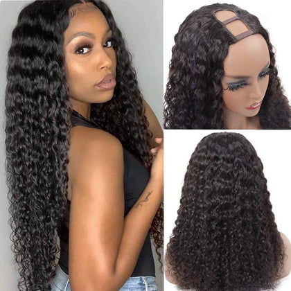 Deep Wave U Part Wigs Human Hair 26Inch Virgin Brazilian Remy Deep Curly U Shape Wig Human Hair Wigs for Black Women 150% Density Glueless Full Head Middle Part Clip in Half Wig Natural Color