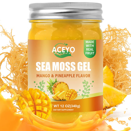 (12 OZ) Irish Sea Moss Gel Organic Raw Vegan Mango Pineapple Flavor 102 Vitamins and Minerals Wild Harvested Non-GMO Immune Defense Booster Thyroid Digestive Support