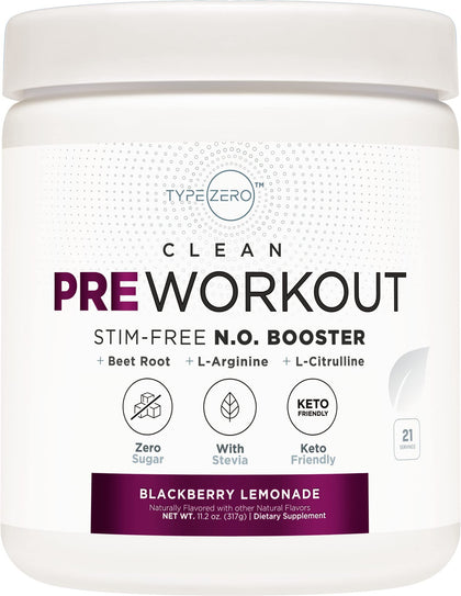 Type Zero Ultra Clean Stim Free Pump Pre Workout (Blackberry Lemonade) Beetroot, Arginine, Citrulline Malate, Betaine, Beta A, ACV+ Sugar/Caffeine Free Non Stim Preworkout Men & Women