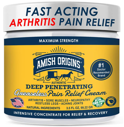 Amish Origins Arthritis Pain Relief Cream - 3.5 oz - Maximum Strength Deep Penetrating for Joint, Muscle, Knee, Back, Feet, Hand, Ankle, Aches, Neuropathy - 1 Pack