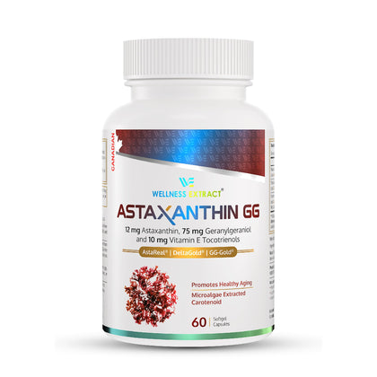 WELLNESS EXTRACT Astaxanthin-GG Natural AstaREALTM Astaxanthin MicroAlgae for Eye & Skin Health, Geranylgeraniol, Vitamin E Tocotrienol DeltaGold, Healthy Aging, Antioxidant Health; 60 Softgels.