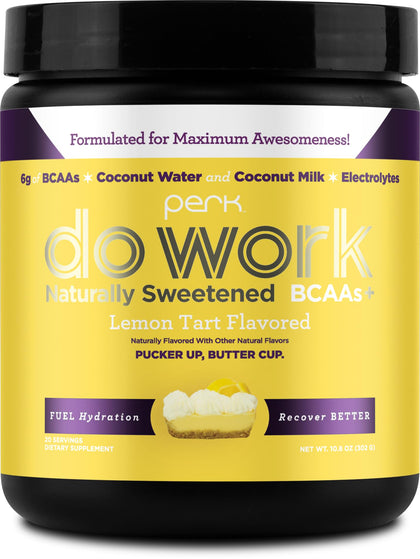 Perk Do Work BCAAs + Hydration Electrolytes Powder (Naturally Sweetened Lemon Tart Flavored, 20 Servings) - with Coconut Water & Coconut Milk