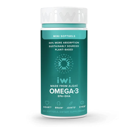 Iwi Life Omega-3, 60 Mini Softgels (30 Servings), Easy to Swallow, Plant-Based Algae Omega 3 with EPA + DHA, Whole-Body Support Dietary Supplement, Krill & Fish Oil Alternative, No Fishy Aftertaste