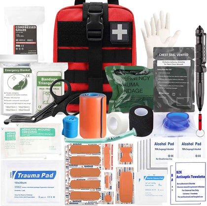 74 piece ifak trauma kit first aid kit camping, molle ifak medical refill kit, tactical first aid kit refill supplies for survival camping hiking travel (red)