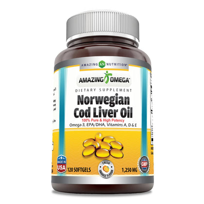 Amazing Omega Norwegian Cod Liver Oil 1250 mg 120 Softgels Supplement (Fresh Orange Flavor)