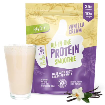 FlavCity Protein Powder Smoothie, Vanilla - 100% Grass-Fed Whey Protein Smoothie with Collagen (25g of Protein) - Gluten Free & No Added Sugars (29.84 oz)