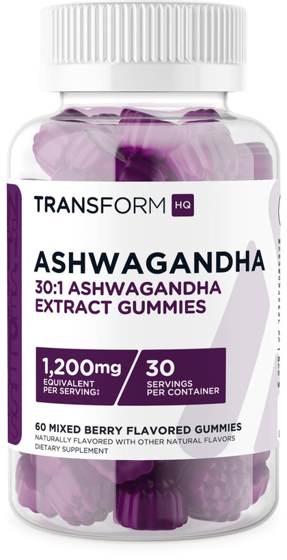 TransformHQ Ashwagandha Gummies 1,200mg, 60 Gummies (Mixed Berry Flavor) - Ashwagandha Herbal Extract Supplement - 30 Servings, Gluten Free, Non-GMO