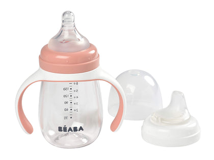 BEABA 2-in-1 Baby Bottle to Training Sippy Cup, Learning Cup, Baby Bottle Nipple and Soft Silicone Sippy Spout, Spill Proof, Baby, Toddler 7 oz (Rose)