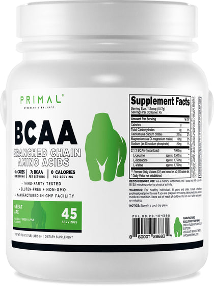 Primal BCAA Powder Great Ape (45 SERV) (Green Apple Flavored) - 0 g Carbs, 0 Calories, 7g BCAA Per Serving