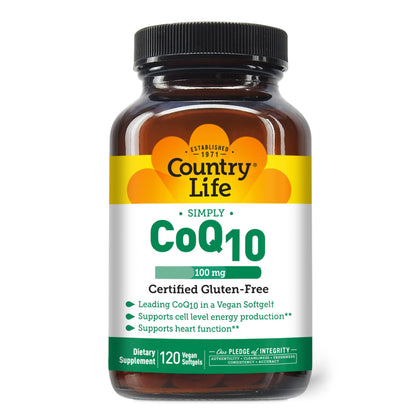 Country Life Simply CoQ10, Supports Heart Function, 100mg, 120 Softgels, Certified Gluten Free, Certified Vegan