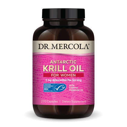 Dr. Mercola Krill Oil for Women, 90 Servings (270 Capsules), 2 mg Astaxanthin Per Serving, with Evening Primrose Oil, Dietary Supplement, Hormonal Support, Non-GMO, MSC Certified