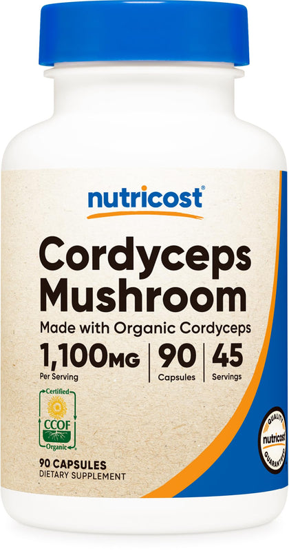 Nutricost Cordyceps Mushroom Capsules 1100mg, 45 Serv - CCOF Certified Made with Organic, Vegetarian, Gluten Free, 550mg Per Capsule (90 Capsules)