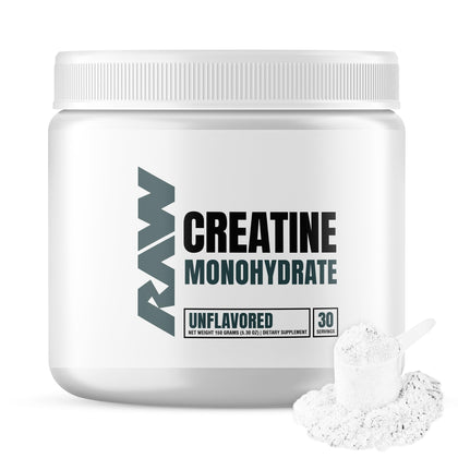 RAW Nutrition Creatine Monohydrate Powder, Unflavored (30 Servings) - Micronized Creatine Monohydrate Supplement for Workout Performance, Build Muscle & Strength - Creatine Powder for Men & Women