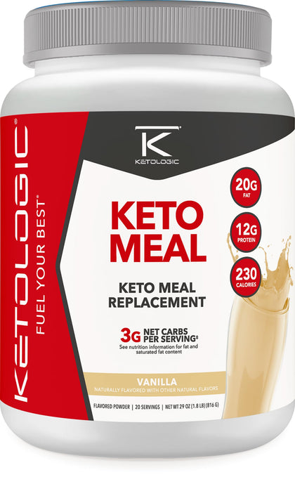 Ketologic Keto Meal Replacement Shake Powder for Optimal Results + MCT Oil + Grass-Fed Whey - Perfectly Formulated Macros for Ketosis - 20 Servings - Vanilla