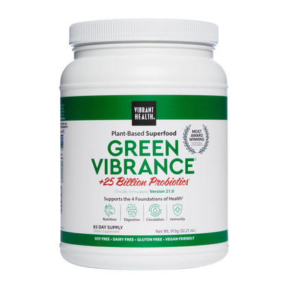 Vibrant Health, Green Vibrance, Includes 65 Plant-Based Superfoods, 25 Billion Probiotics, Fiber, Adaptogens & Enzymes, 83 Servings