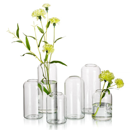 Hewory Glass Clear Modern Vase, Set of 6 - Small Bud Vases for Flowers, Elegant Home Decor Floral Arrangements, Wedding Party Events Centerpieces